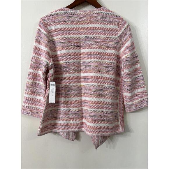 NWT Chicos Sz 1 M Pink Southwestern Stripe Cardigan Drape Front Tweed 3/4 Sleeve - Picture 8 of 9